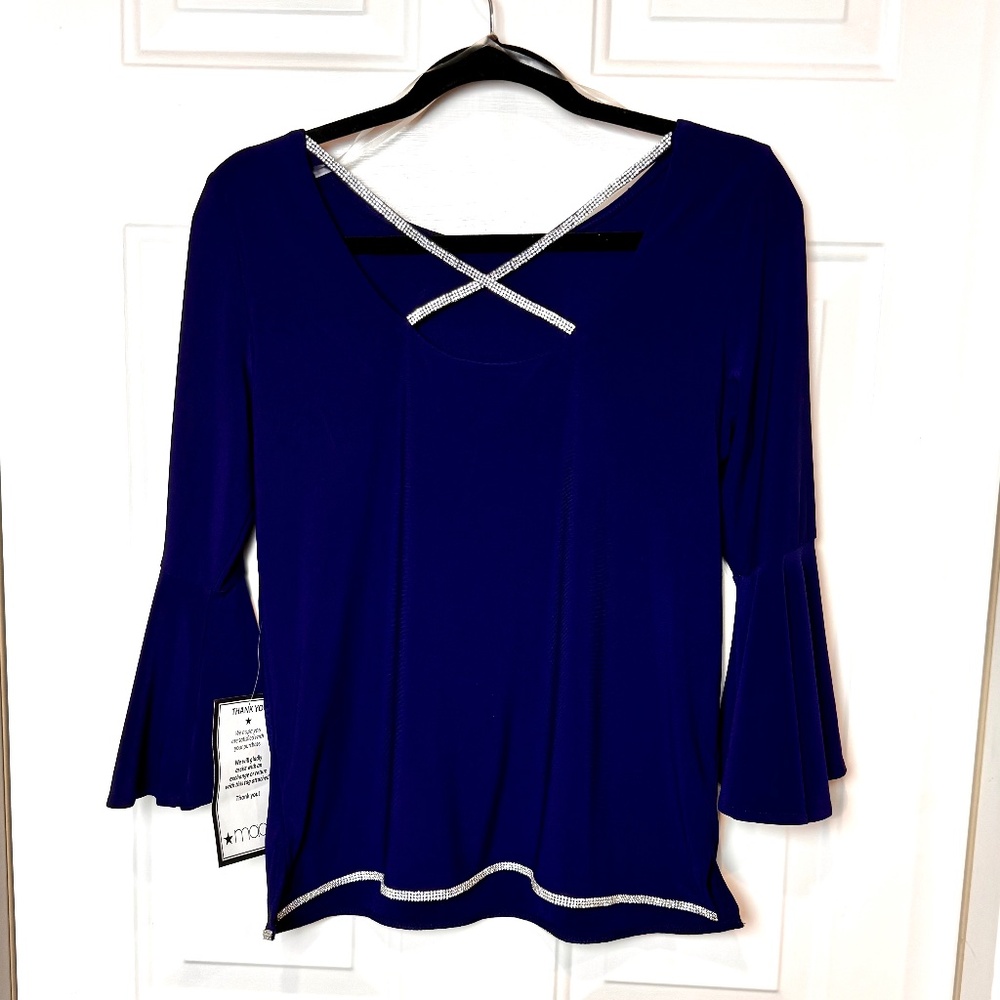 New MSK Illusion Bell Sleeve Rhinestone Embellished Top Size Medium Petite - Picture 2 of 8